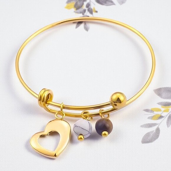 Boho Chic Bangle with Heart Tiger's Eye & Magnesite Charms 18K Gold Plated - Picture 8 of 14